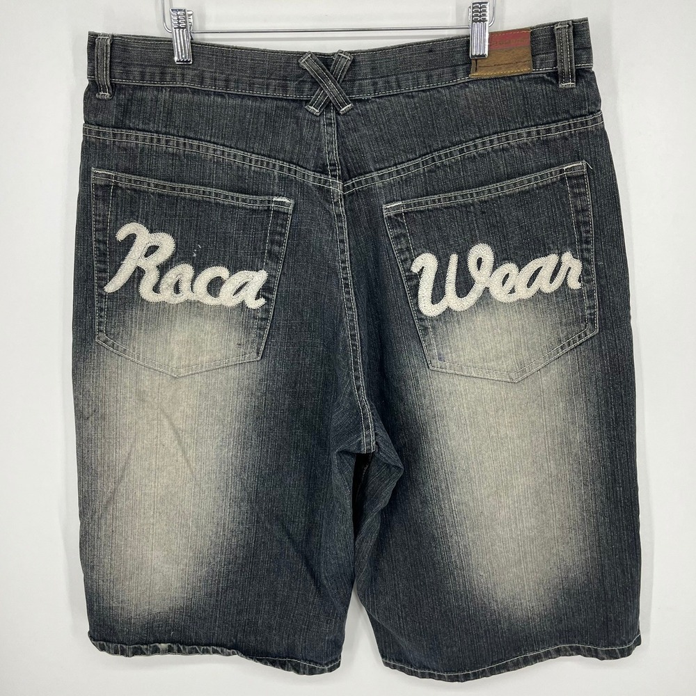 Rocawear Mens Baggy Denim Shorts Black Faded Embroidered Logo Y2K Size 38